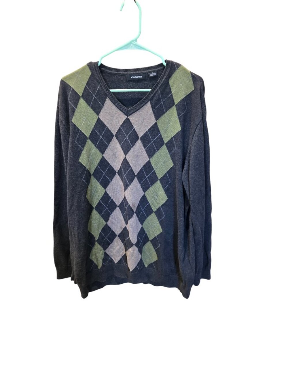 Claiborne Mens Gray Argyle V Neck Long Sleeve Sweater Size XL 100% Cotton Y2K